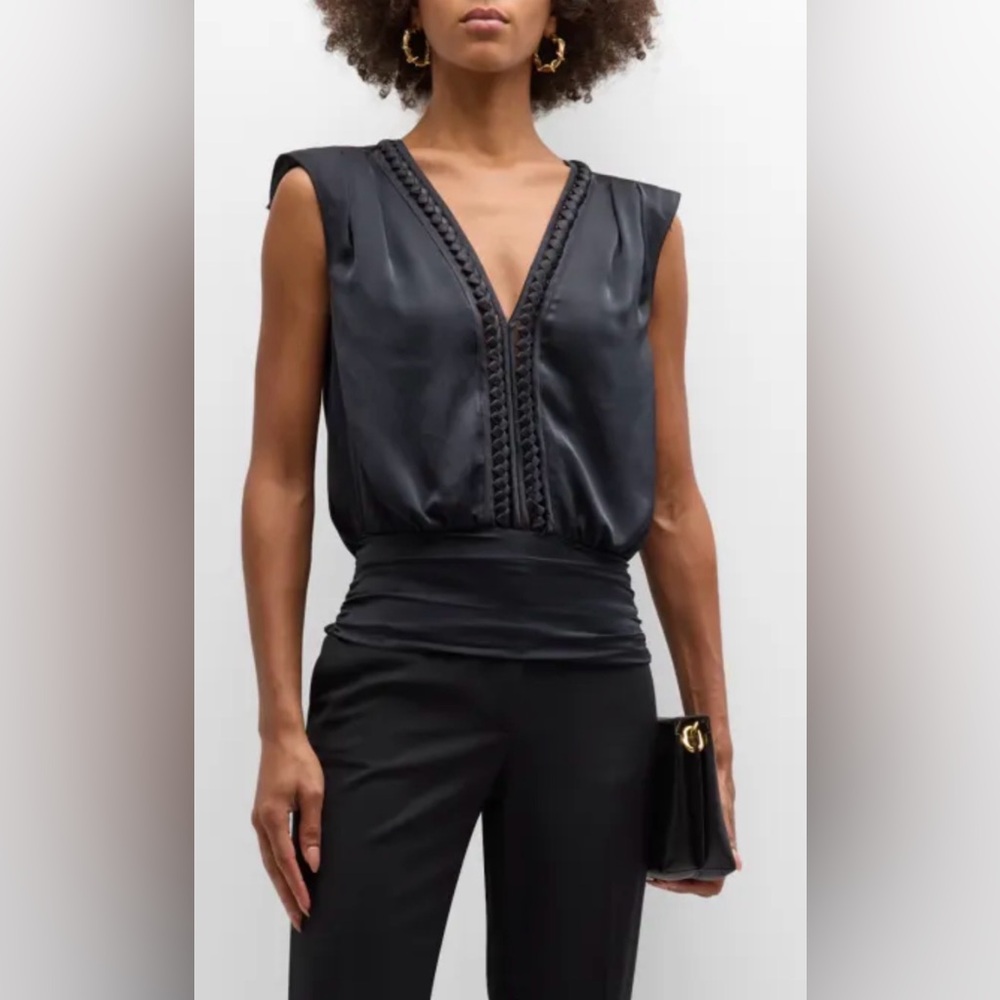 Ramy Brook Peyton Braided-Trim V-Neck Top- Black